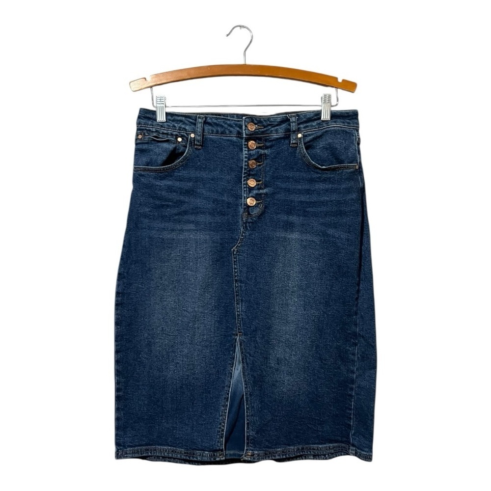 Rachel Roy Jean Skirt Button Fly Pencil Knee Length Women's 10 Blue Denim